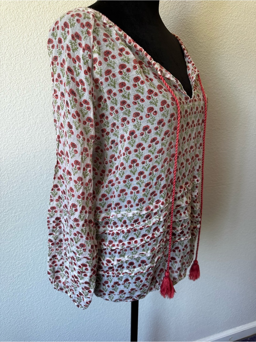 Roller Rabbit XS Floral Gauze Peasant Top Tassel Tie Boho Cotton